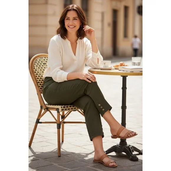 New Directions Olive Green Womens Pants Size 14P Button Detail Ankle Hem Casual - Picture 4 of 15